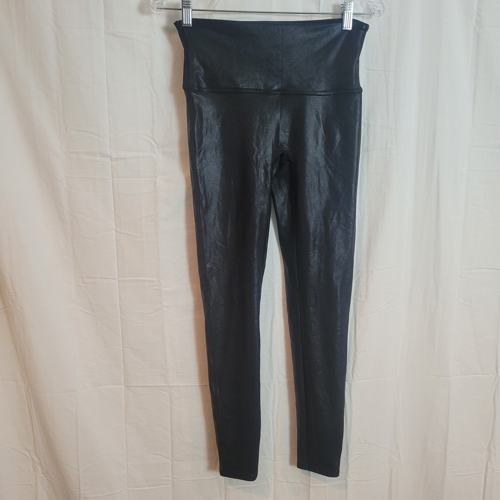Spanx Faux Leather Shimmer Leggings Black High Waisted Stretch Womens Size Large